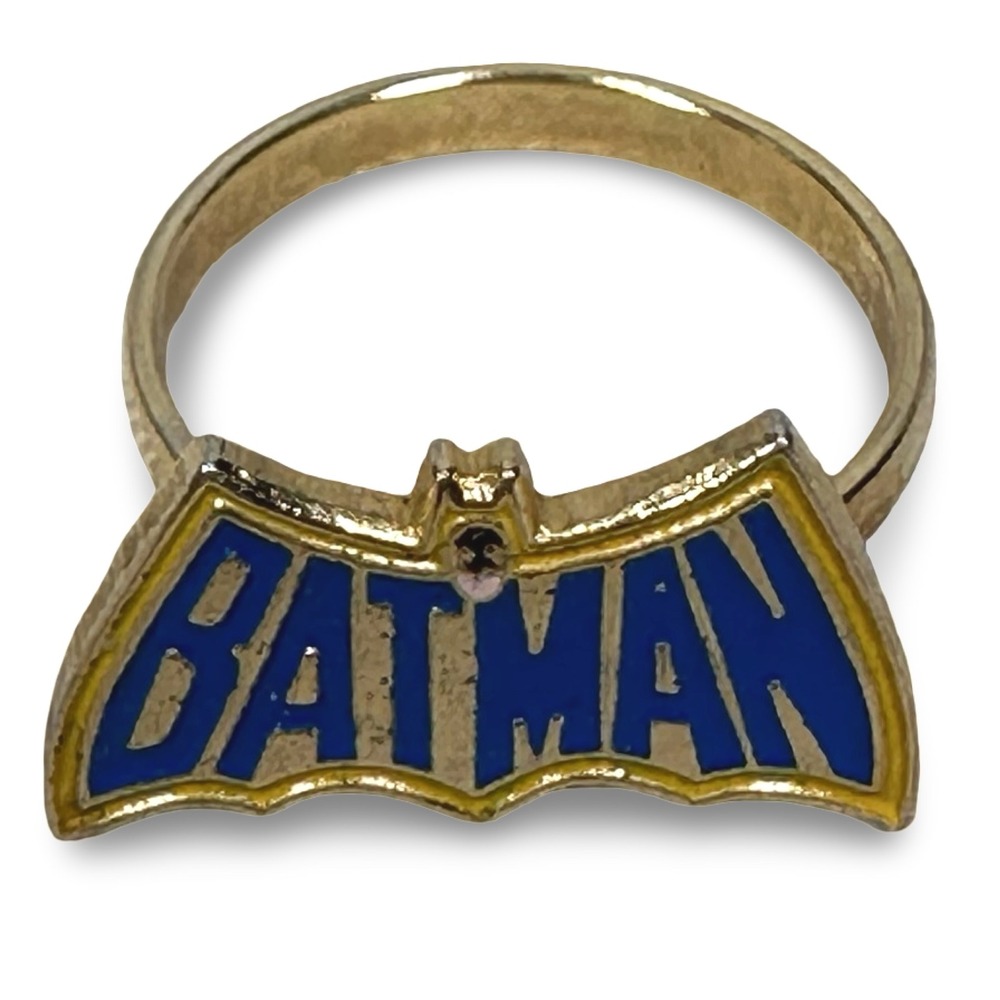 Vintage Aviva Batman Ring 1970s DC Comics Gold Tone Blue Enamel Adjustable